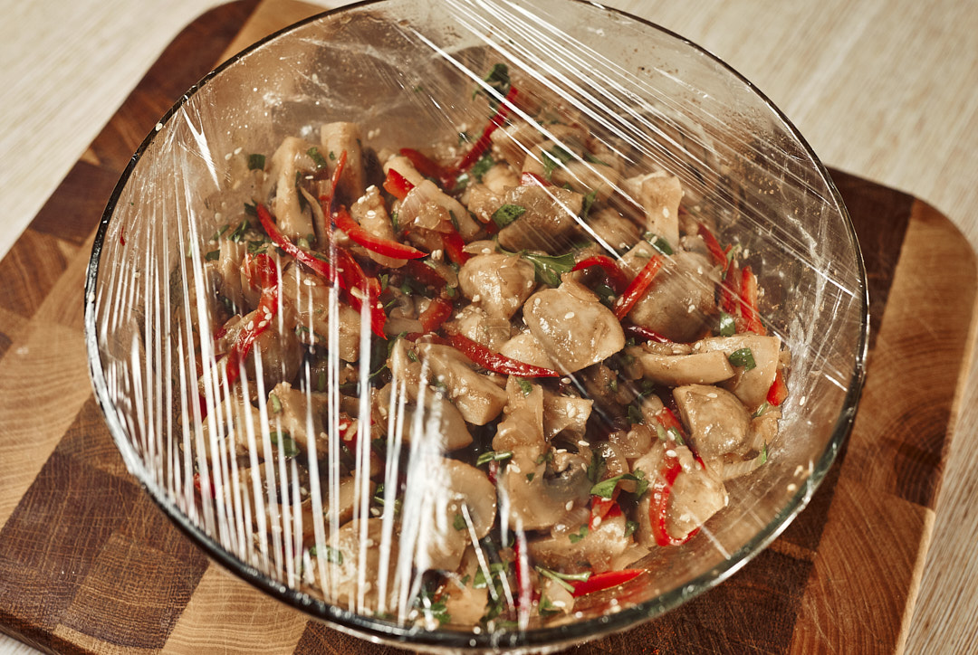 Mushroom salad marinating to fridge