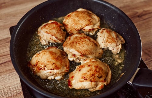 Searing chicken thighs for Dijon mustard recipe