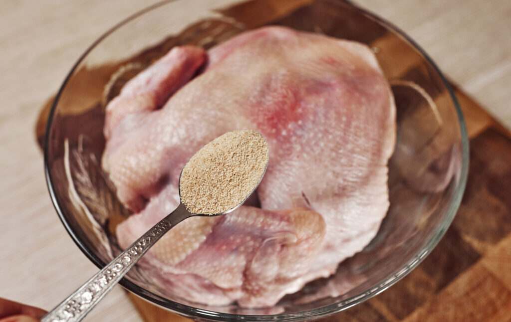 adding garlic powder to raw chicken before baking
