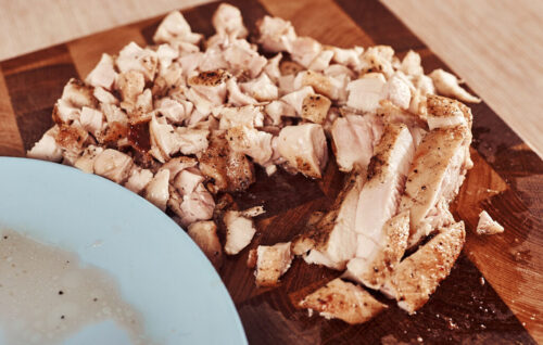 Chopped cooked chicken for the salad