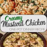 Pinterest pin image for creamy Dijon mustard chicken thighs cooked in one pan with bacon and a creamy mustard sauce.