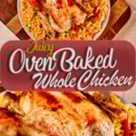 Juicy oven baked chicken with golden crispy skin cooked in a baking dish, perfect for an easy family dinner