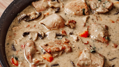 Creamy Pork Blanquette finished with mushrooms and parsley
