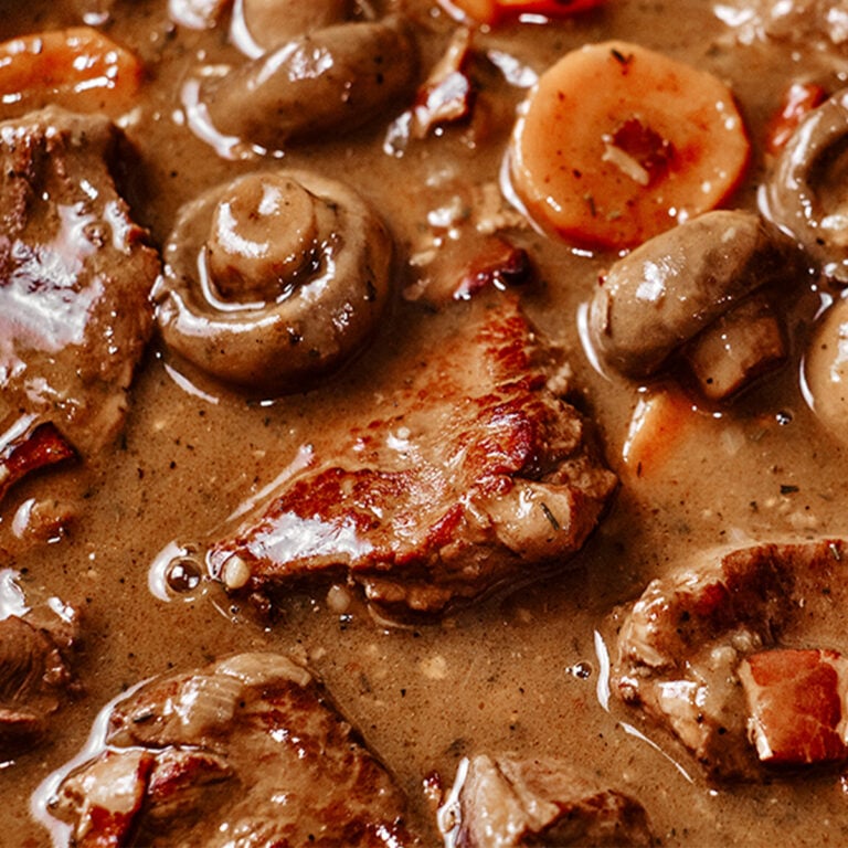 Easy Beef Bourguignon with red wine sauce and vegetables