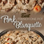 Creamy pork blanquette with mushrooms in white wine sauce served in a skillet