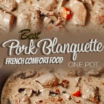 Creamy pork blanquette with tender pork pieces cooked in a white sauce with vegetables
