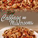 Stir fry cabbage with mushrooms cooked in a skillet and served warm