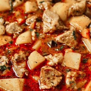 Pork stew with potatoes ready to serve