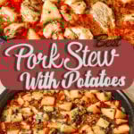 Easy pork stew with potatoes cooked in a rich tomato sauce and garnished with fresh parsley