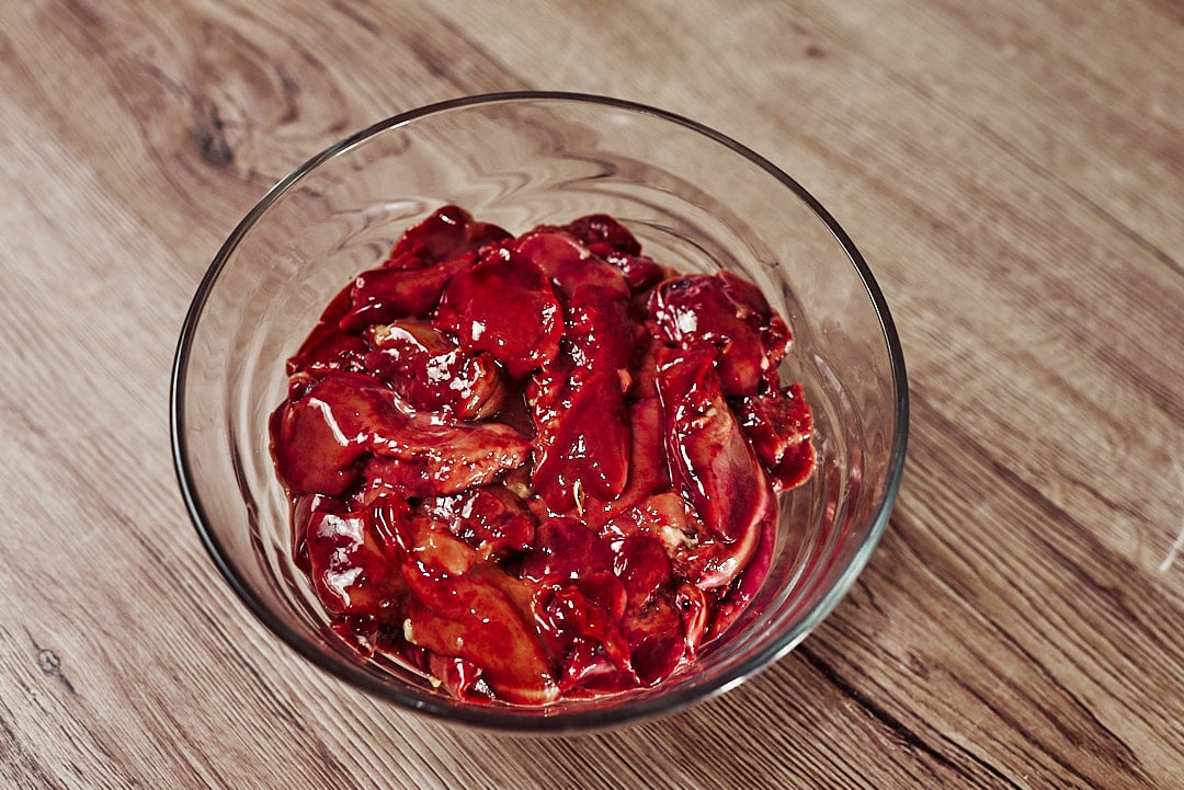 Raw chicken liver prepared and cleaned before cooking
