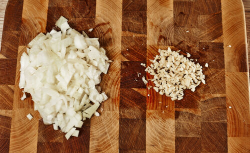 Chopped onions and Garlic for chicken liver recipe