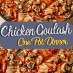 Chicken goulash cooked in a rich sauce and served as an easy one pot dinner