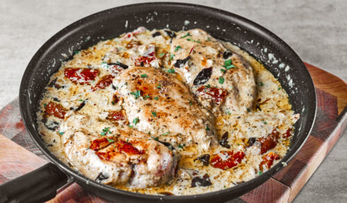 Chicken breasts in creamy mustard sauce ready to serve