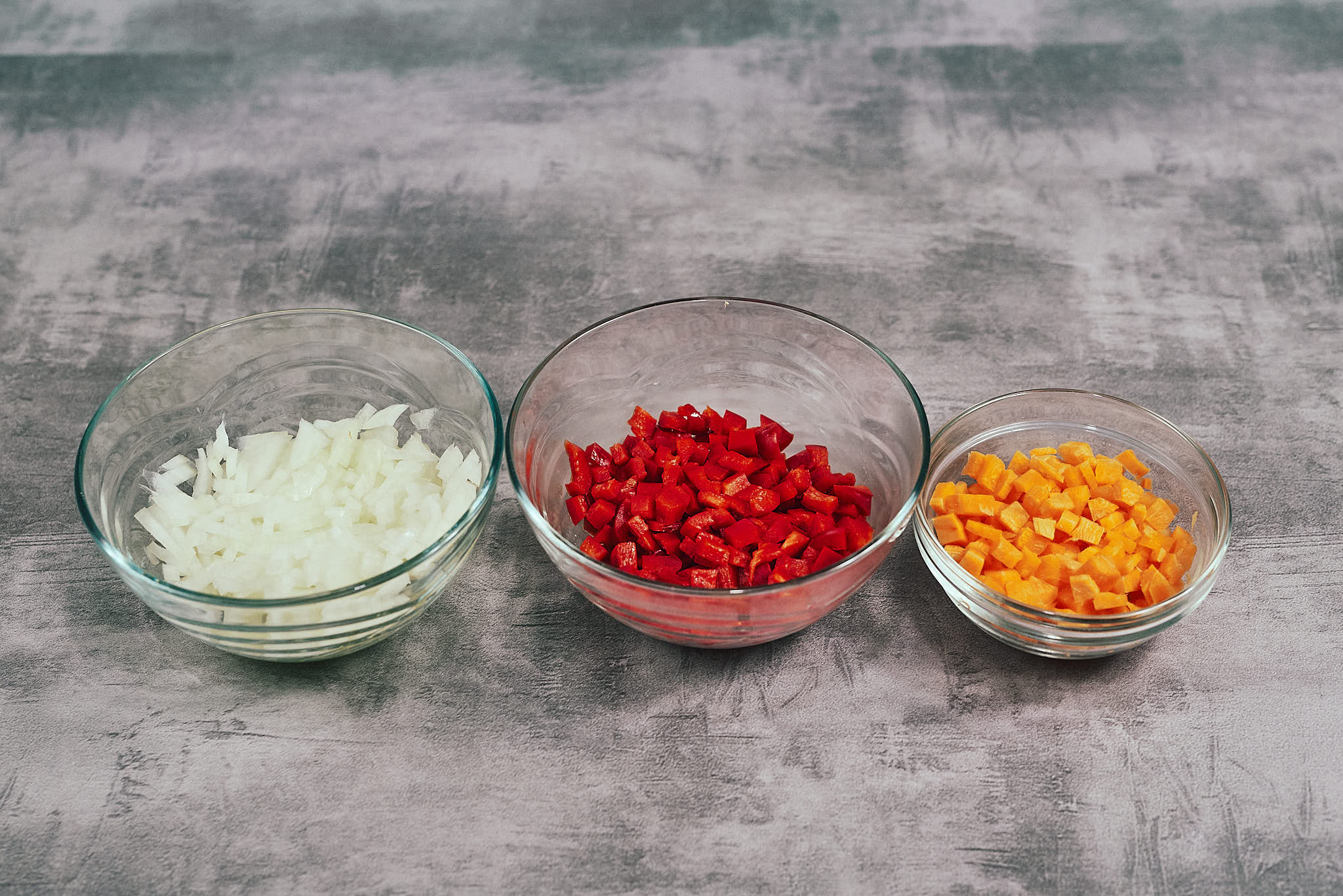 Chopped onion, carrot, and bell pepper.