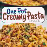 One pot creamy pasta cooked in a skillet and served as an easy comfort food dinner