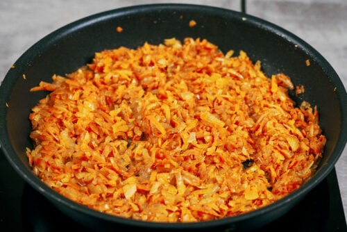 Sautéed onions and carrots cooked with tomato paste for the cabbage roll filling
