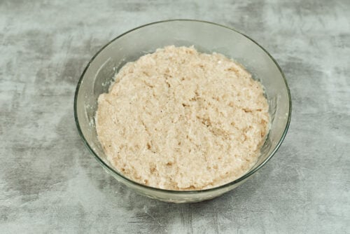 Fully mixed chicken meatball mixture ready to shape