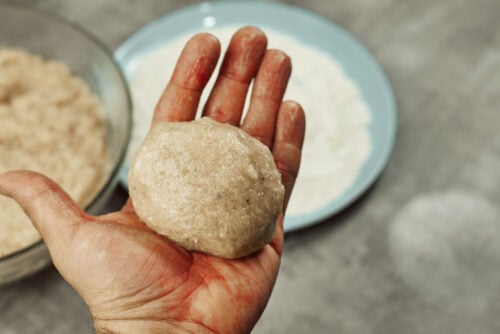 Large chicken meatball shaped by hand