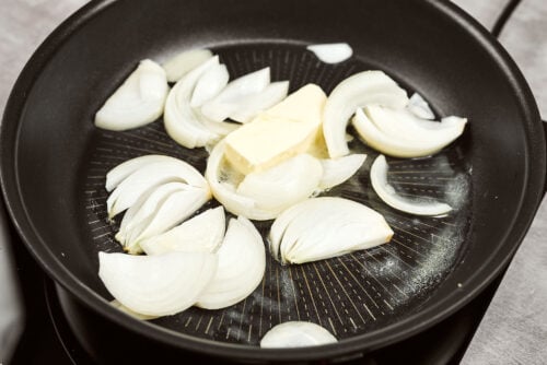 Onion sautéing in butter for chicken meatballs