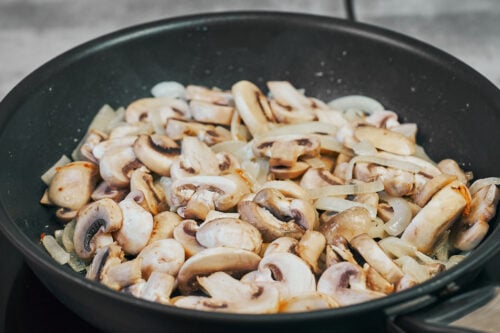 Cooking mushrooms with onions for beef stroganoff
