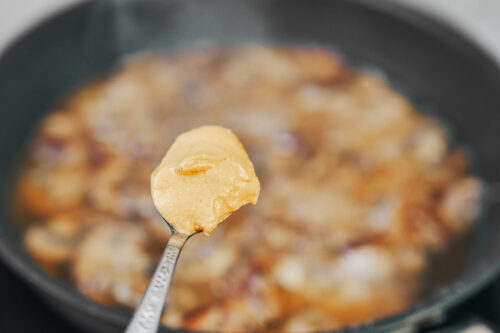 Adding Dijon mustard to mushroom sauce for beef stroganoff