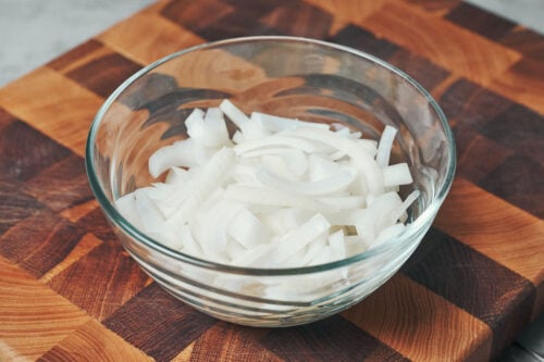 Sliced onions ready for cooking beef stroganoff
