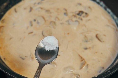 Seasoning creamy beef stroganoff sauce with salt