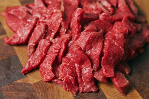 Beef sliced against the grain for classic beef stroganoff
