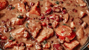 Creamy smoked sausage and pork bean stew