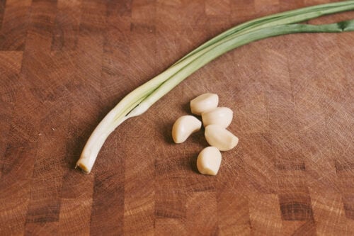 Green onion and garlic cloves on a cutting board