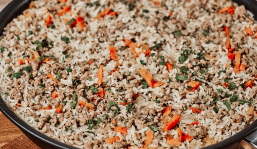 Finished rice with ground beef ready to serve