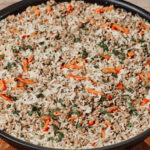 Rice with ground beef cooked in a skillet