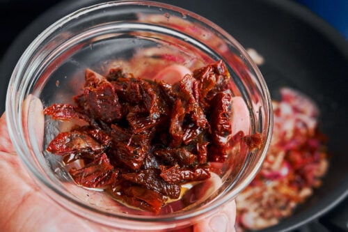 Chopped sun-dried tomatoes ready to go into the skillet