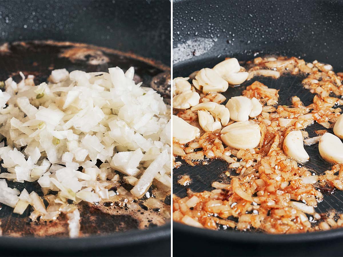 Onions and whole garlic cloves cooking in a skillet for creamy garlic chicken sauce