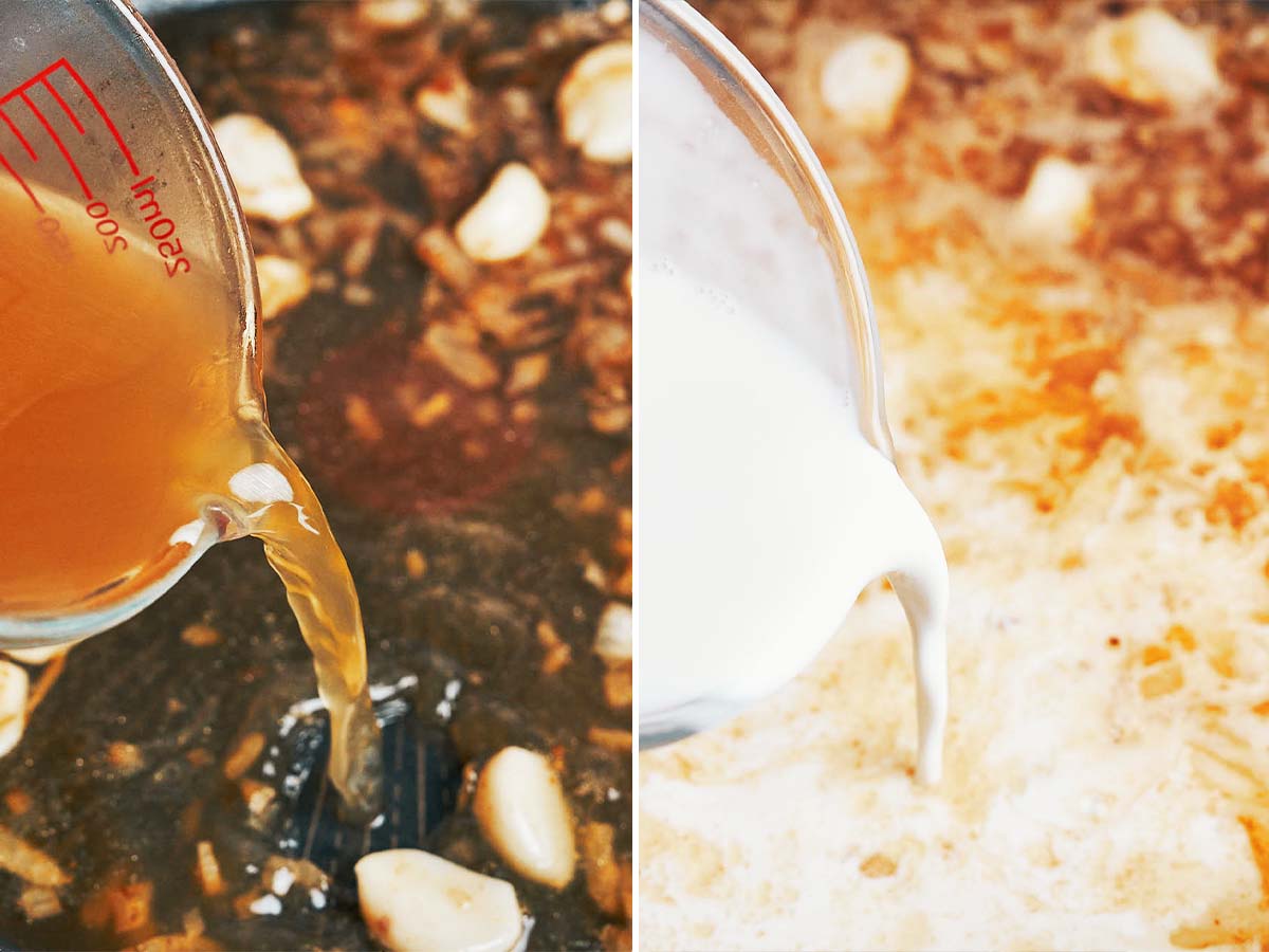 Chicken broth and heavy cream added to the skillet for creamy garlic chicken sauce