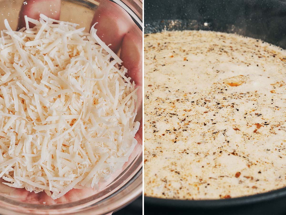 Parmesan cheese stirred into a smooth garlic cream sauce for creamy garlic chicken