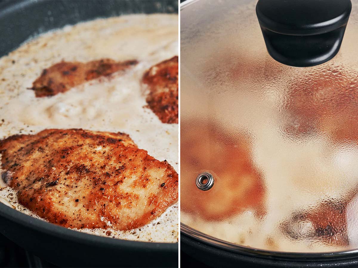 Golden chicken breasts simmering in creamy garlic Parmesan sauce in a skillet