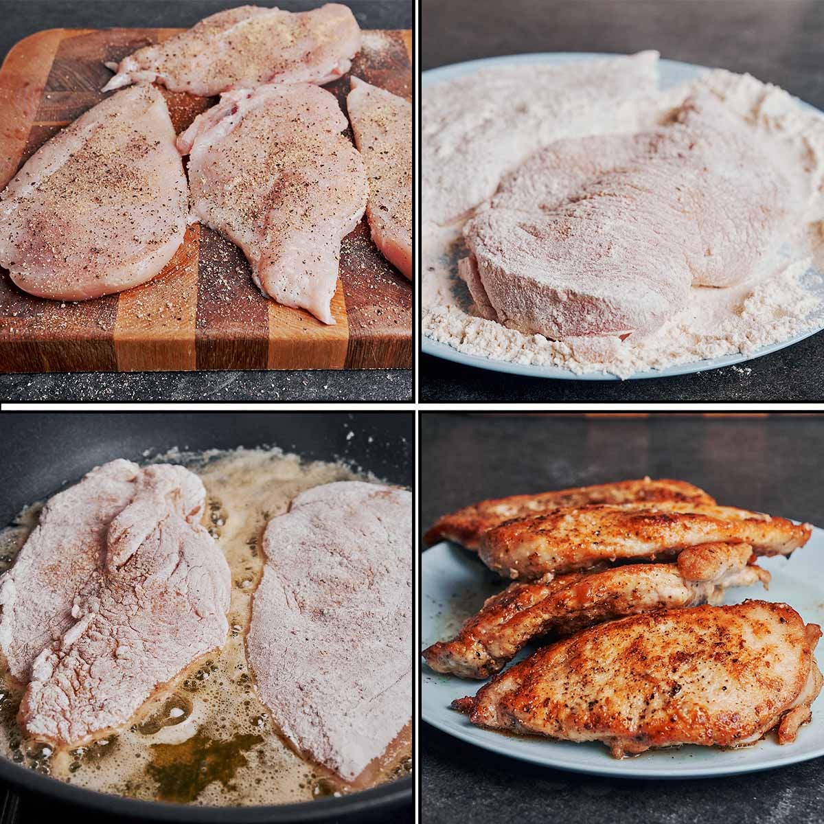 seasoned chicken breasts being dredged in flour and pan fried until golden