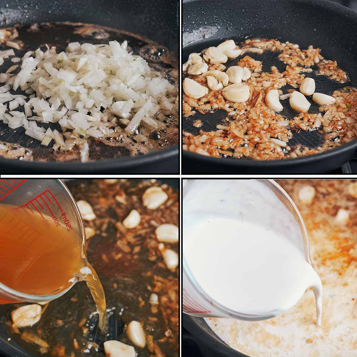 onions and garlic cooking in skillet before adding chicken broth and cream sauce