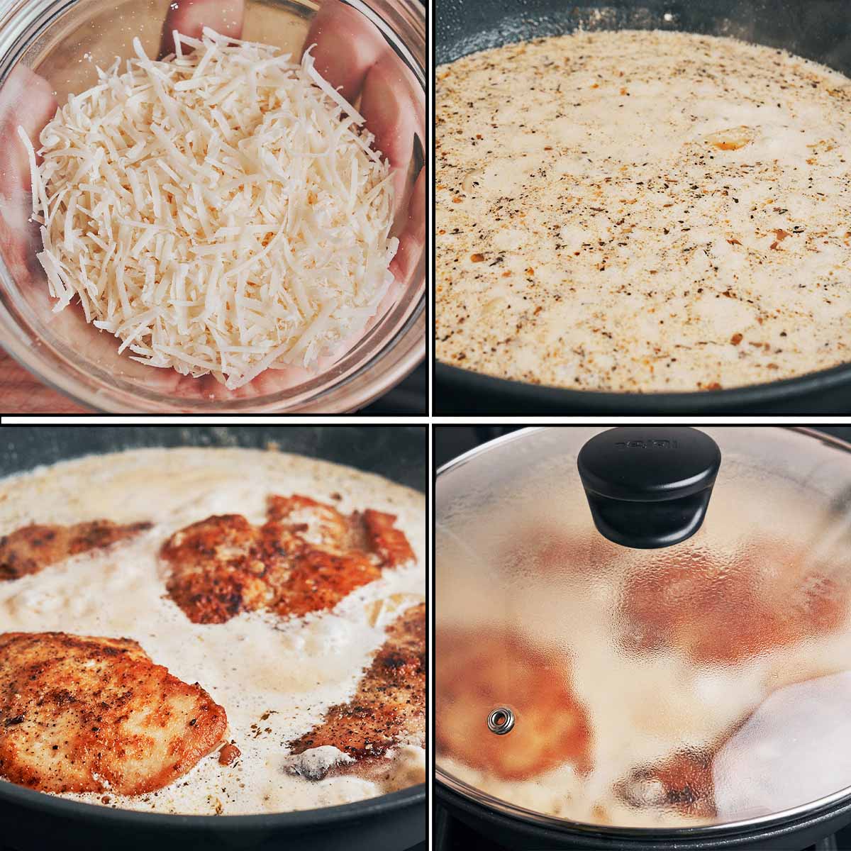creamy garlic chicken simmering in parmesan sauce in a skillet