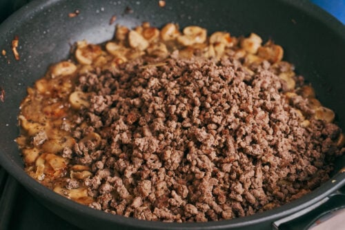 cooked ground beef returned to skillet with mushrooms