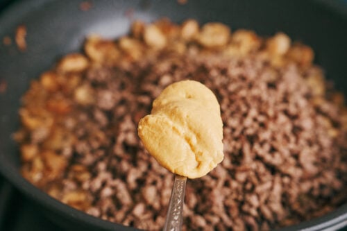 Dijon mustard added to ground beef mushroom sauce