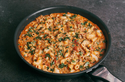Easy creamy ground beef pasta ready to serve
