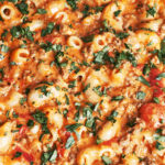 Easy ground beef pasta in creamy tomato sauce ready to serve