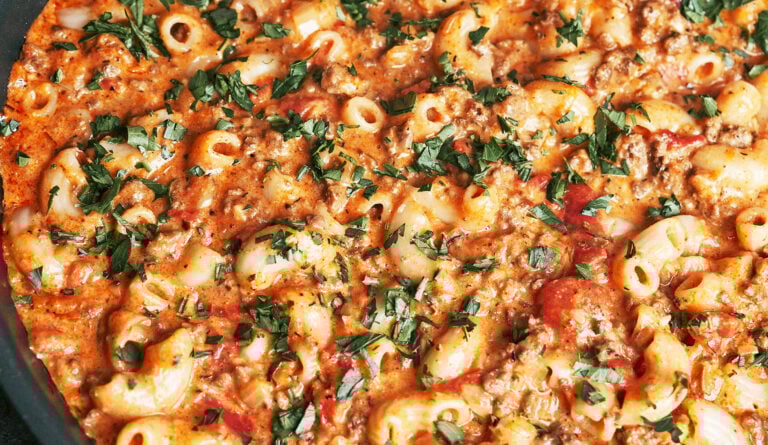 Easy ground beef pasta in creamy tomato sauce ready to serve