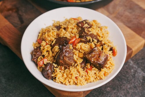 Beef and rice served in bowl for dinner