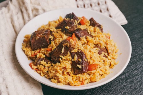 Homemade beef and rice skillet served warm