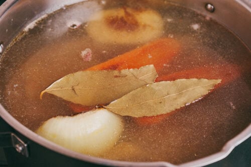 Bay leaves added to beef soup for aroma and depth