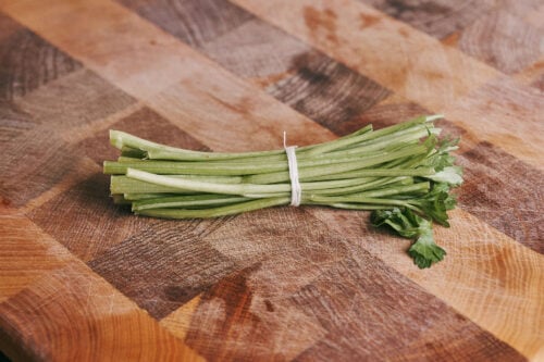 Parsley stems tied into a bundle for simmering in soup