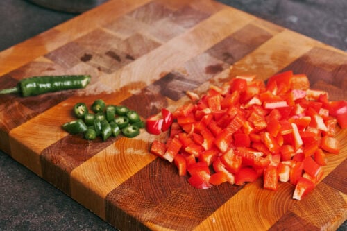 Chopped bell pepper and chili pepper for beef soup